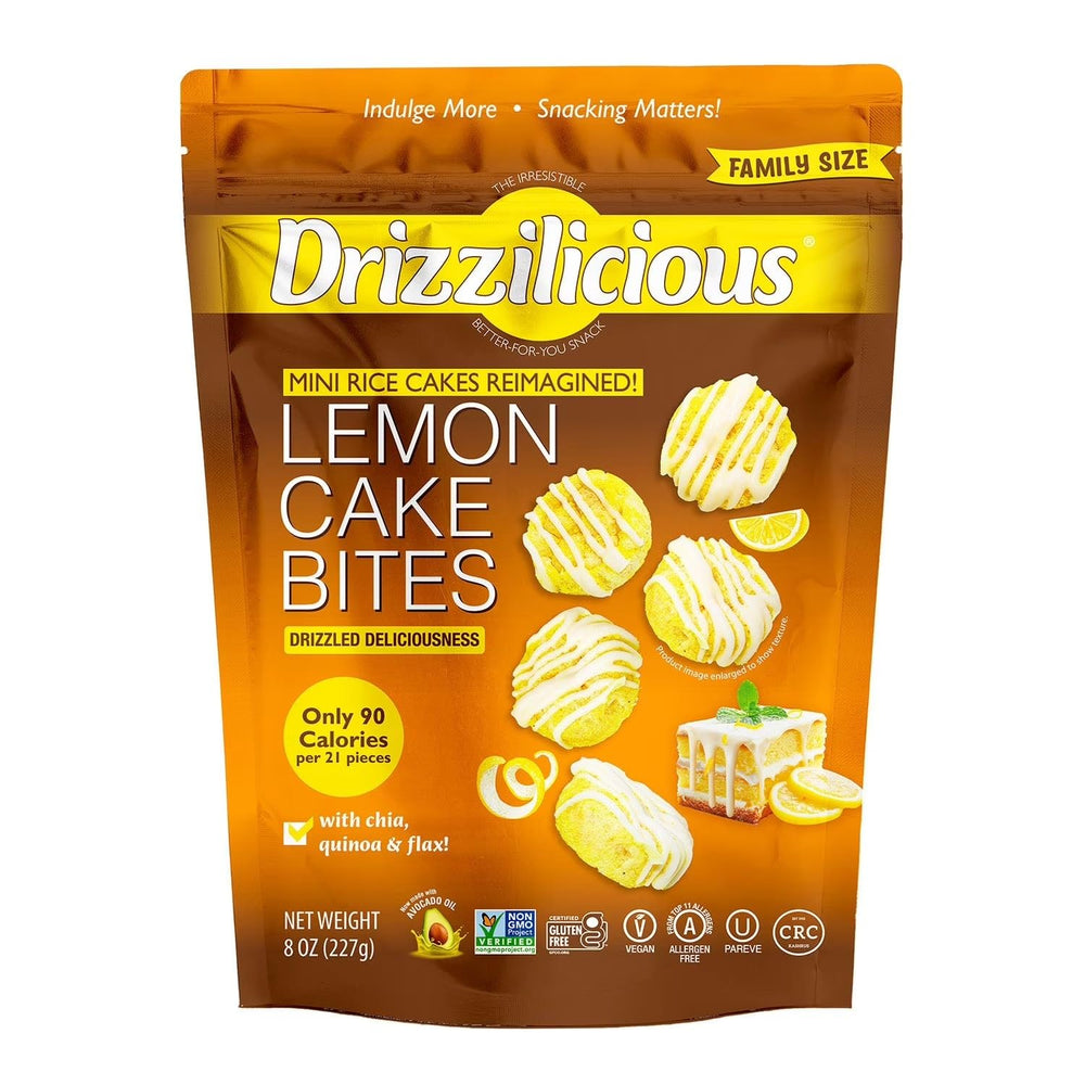 Drizzilicious empaque frontal mostrando diseño y tamaño del snack