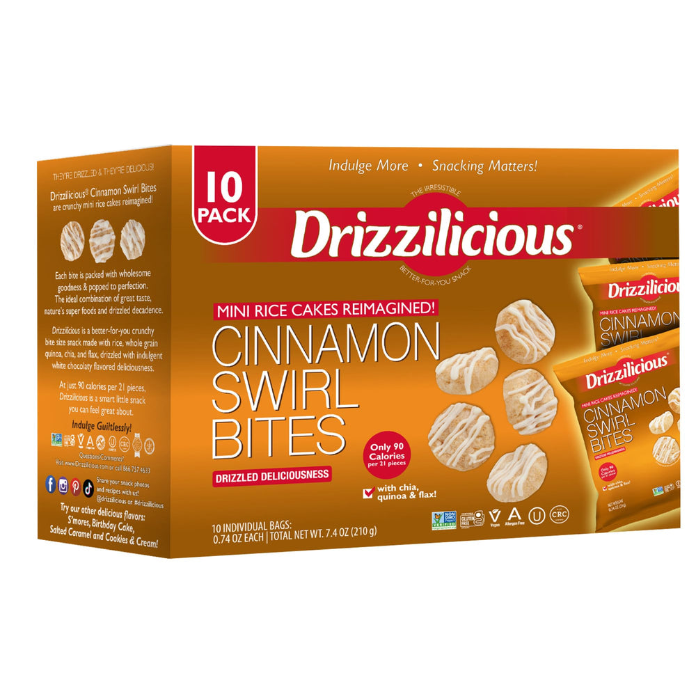 Drizzilicious frente del empaque mostrando sabor canela y beneficios vegetales