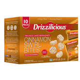 Drizzilicious frente del empaque mostrando sabor canela y beneficios vegetales