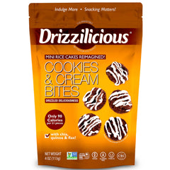Drizzilicious frente del empaque mostrando sabor cookies & cream y beneficios veganos