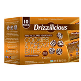 Drizzilicious empaque frontal Cookies & Cream mostrando porción lista