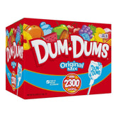 Dum Dums caja frontal abierta mostrando paletas variadas y lista para repartir