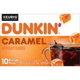 Dunkin' caja K‑Cup Caramel Me Crazy mostrando 10 cápsulas y beneficio conveniencia