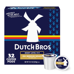 Dutch Bros caja delantera mostrando 32 cápsulas y beneficios de sabor