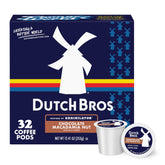 Dutch Bros caja frontal mostrando cápsulas y sabor chocolate macadamia, conveniencia inmediata