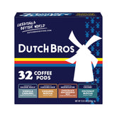 Dutch Bros empaque frontal mostrando variedades y beneficios de sabor