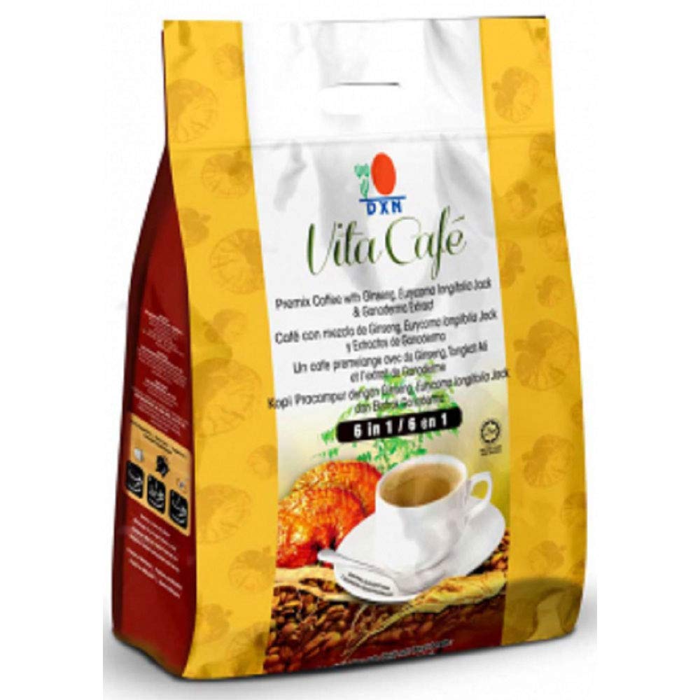 DXN Vita Cafe pack frontal mostrando sobres y facilidad de uso