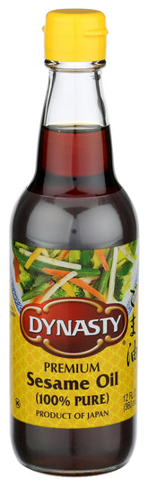 Dynasty botella frente mostrando aceite de sésamo premium y etiqueta japonesa, realza sabores