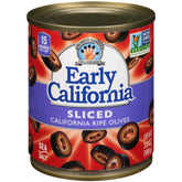 Early California lata frontal con aceitunas negras en rodajas, listo para cocinar