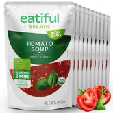 EATIFUL paquete frontal de sopa de tomate orgánica mostrando etiqueta clara y beneficios