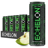 Echelon lata frontal mostrando sabor Sour Apple y beneficio energía sostenida