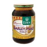 Eden Foods malta de cebada orgánica frontal del envase mostrando la marca y tamaño 20 oz, aporta confianza