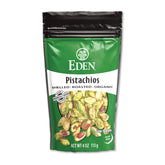Eden Organic Pistachios frente del paquete mostrando sello orgánico y cierre resellable
