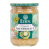 Eden Organic Sauerkraut frasco frontal muestra etiqueta clara y beneficios