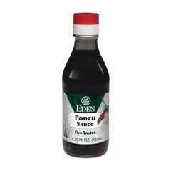 Eden Foods ponzu botella frontal muestra la etiqueta y beneficio sabor brillante