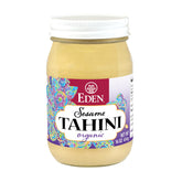 Eden Organic Roasted Tahini frasco delantero mostrando etiqueta clara y beneficios