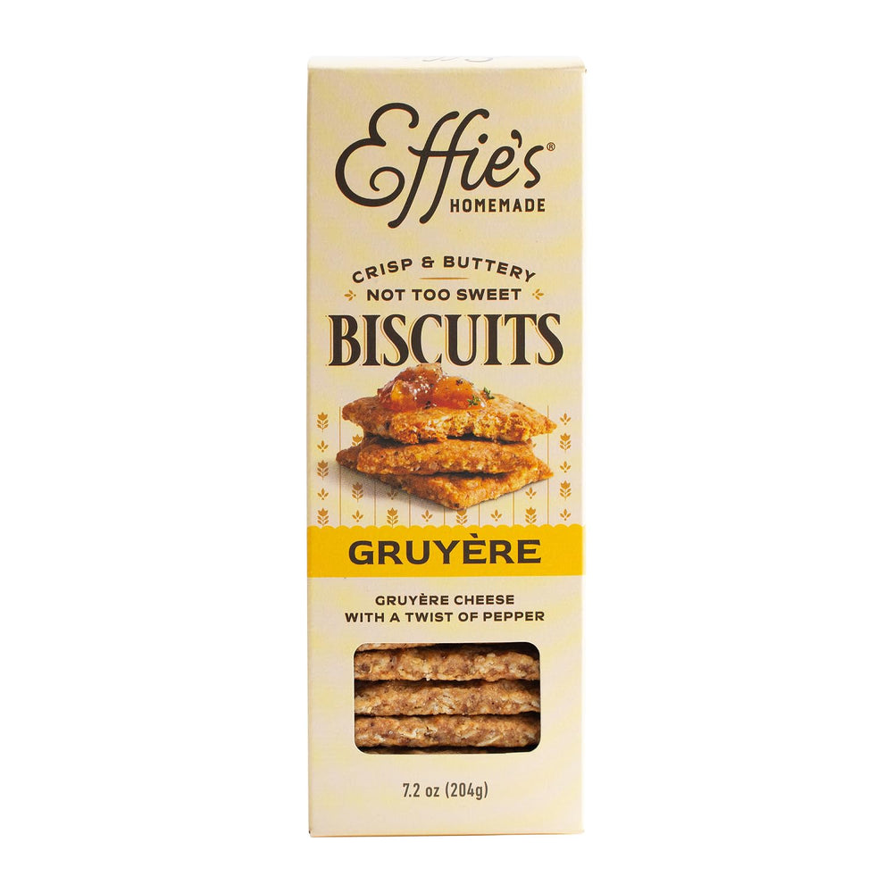 Effie's Homemade envase frontal mostrando galletas gruyere como aperitivo