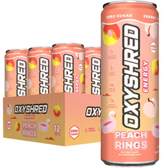 EHP Labs OxyShred lata frontal mostrando diseño y sabor Peach Candy Rings para energía sin azúcar