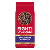 Eight O'Clock Coffee frontal del empaque mostrando el distintivo tueste oscuro y conveniencia