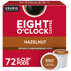 Eight O'Clock Coffee empaque frontal Hazelnut, destaca suministro y aroma