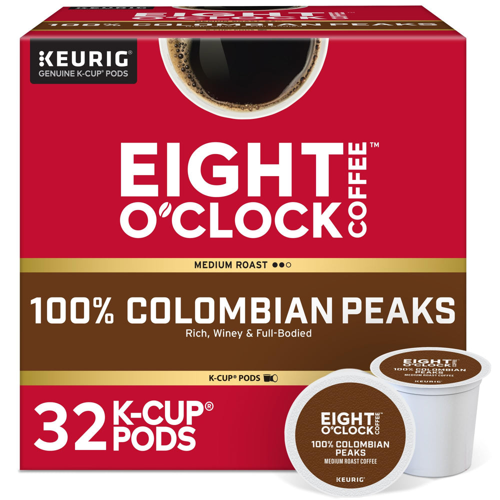 Eight O'Clock Coffee empaque frontal mostrando 32 cápsulas y practicidad