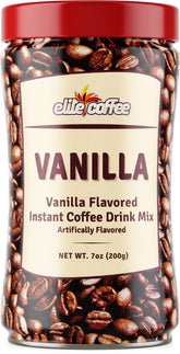 ELITE lata frontal del café instantáneo vainilla mostrando envase resellable y conveniencia