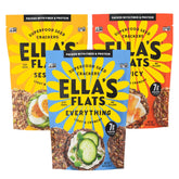 ELLA'S FLATS frente del empaque mostrando las tres variedades y beneficio práctico