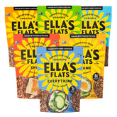 ELLA’S FLATS vista frontal del pack variedad mostrando los seis sabores y beneficio de conveniencia