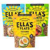 Ella’s Flats presentación frontal mostrando tres sabores y beneficio práctico
