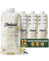 Elmhurst frontal pack 12 unidades mostrando envases y beneficios proteicos