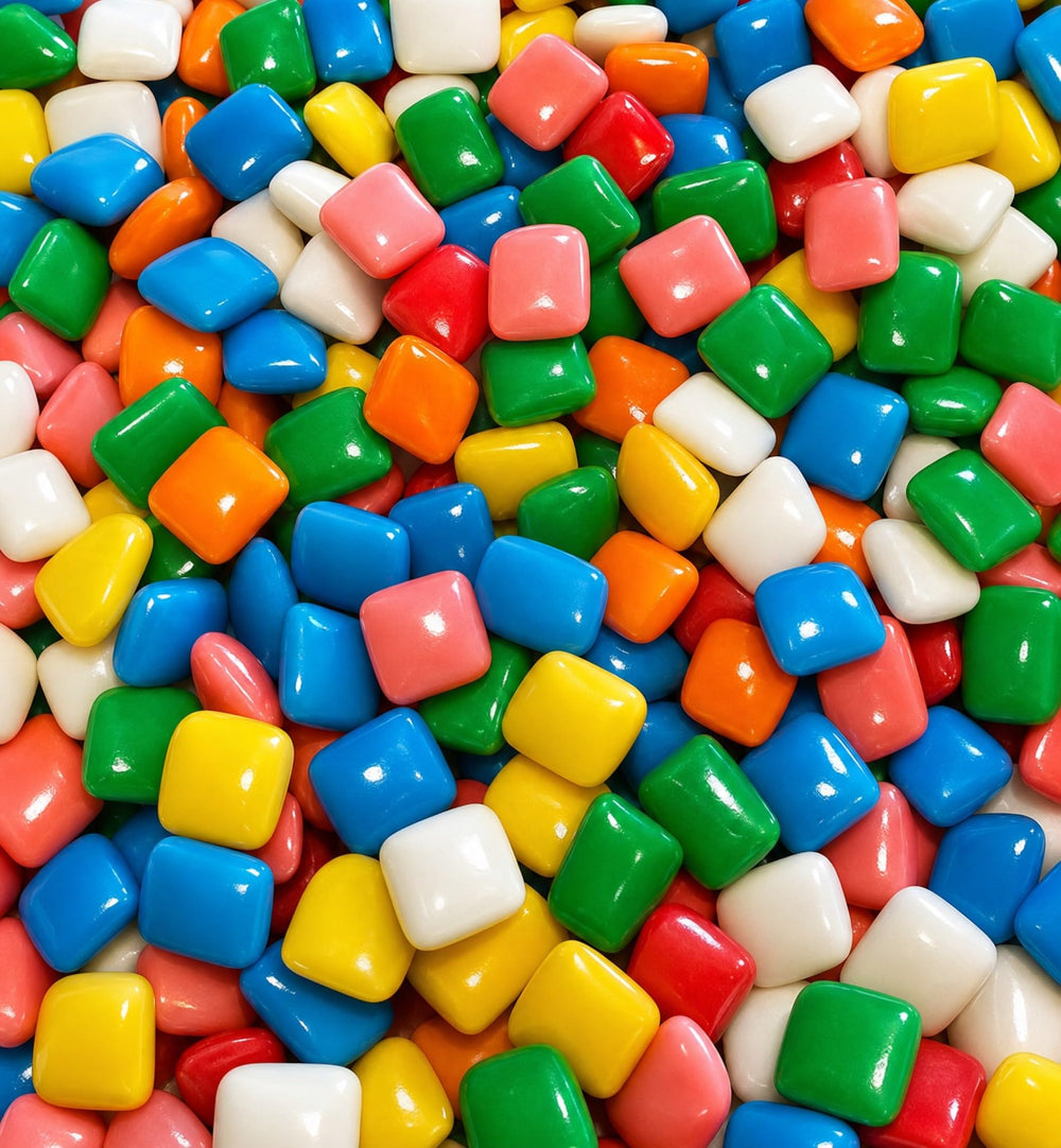 EMPORIUM CANDY paquete frontal de Mini Chiclet Gum mostrando variedad de colores y tamaño