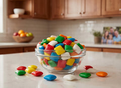 EMPORIUM CANDY manos sosteniendo varias piezas de Mini Chiclet para mostrar facilidad de compartir