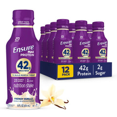 Ensure Max Protein vista frontal con diseño y sabor Vainilla Francesa, conveniencia inmediata