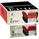 Epic Chicken Sriracha paquete frontal mostrando caja de 12 barras, práctico