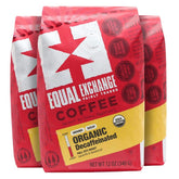 Equal Exchange bolsa frontal del pack de 3 mostrando marca y beneficio orgánico