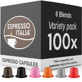 Espresso Italia caja frontal mostrando las seis mezclas y beneficios de variedad