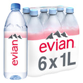 evian pack de 6 botellas 1 L mostrando frontal y ventajas de almacenamiento