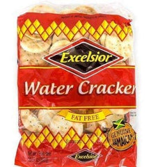 Excelsior Water Crackers envase frontal mostrando galletas crujientes y prácticas