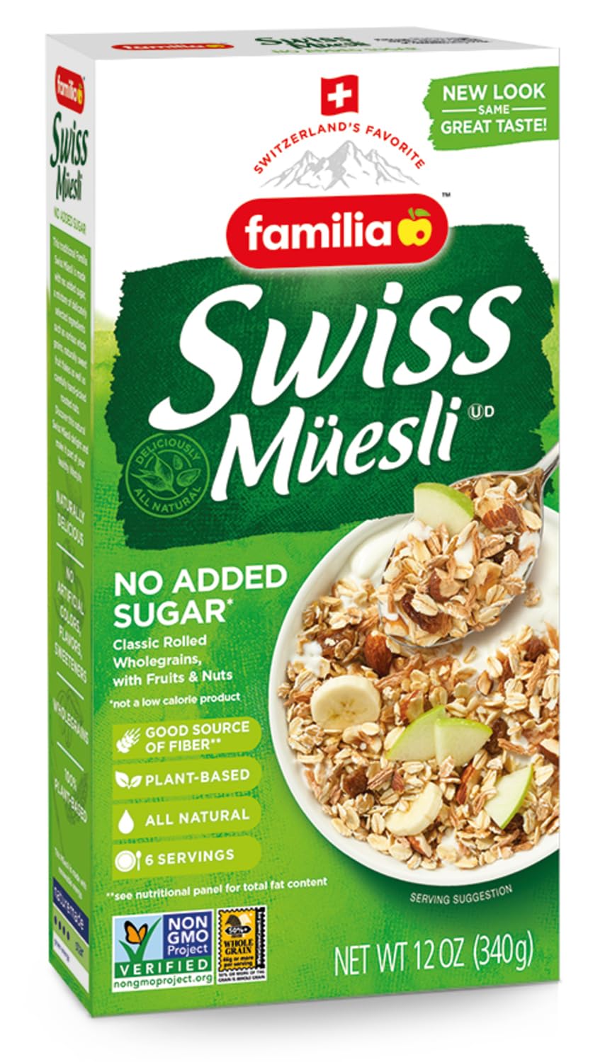 Familia caja frontal del müesli mostrando ingredientes y sin azúcar añadido para compra informada