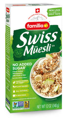 Familia caja frontal del müesli mostrando ingredientes y sin azúcar añadido para compra informada