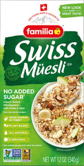 Close-up de textura del Familia Müesli con copos, pasas y frutos secos resaltando frescura