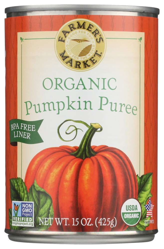 FARMER'S MARKET lata de calabaza orgánica 15 oz frente, práctico y natural