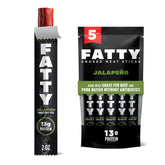 FATTY frente del paquete Jalapeño mostrando diseño y porción práctica