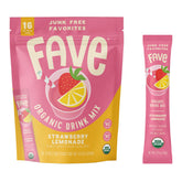 Fave Mix Inc. empaque frontal con 16 sobres de Strawberry Lemonade mostrando diseño y beneficio práctico