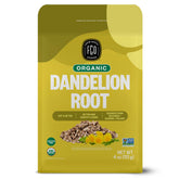 FGO empaque frontal de raíz de diente de león orgánica mostrando sello USDA Organic y diseño