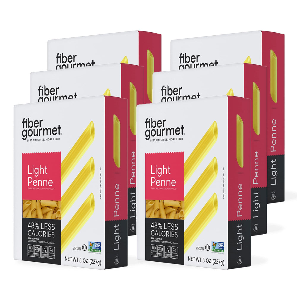 Fiber Gourmet paquete frontal mostrando penne y beneficios nutricionales