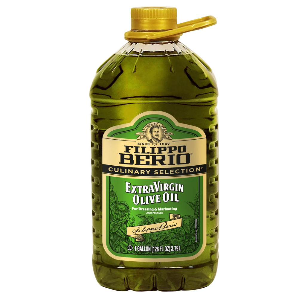 Filippo Berio botella frontal 128 oz mostrando marca y capacidad, práctico y económico