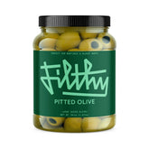 Filthy frasco frontal de 64 oz mostrando aceitunas pitted para barra