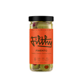 Filthy Food frasco frontal mostrando aceitunas rellenas y atractivo premium