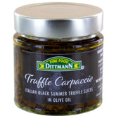 Fine Food Dittmann frasco frontal con carpaccio de trufa negra y aceite listo para servir